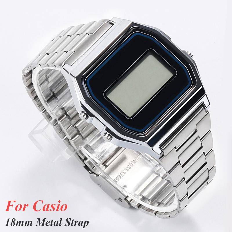 Armband i rostfritt stål för Casio F108 F-91W A158W A168 F105 AE1300 AE1200 Metallarmband 18mm Vintage Stålarmband white