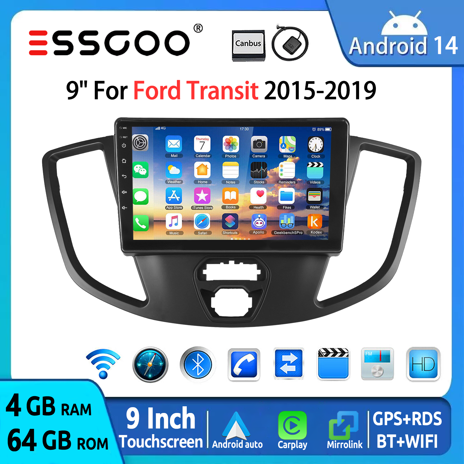 ESSGOO 9" Android 14 Car Stereo Radio For Ford Transit 15-19 Wireless CarPlay Android Auto GPS Navigation GPS WiFi FM USB RDS BT