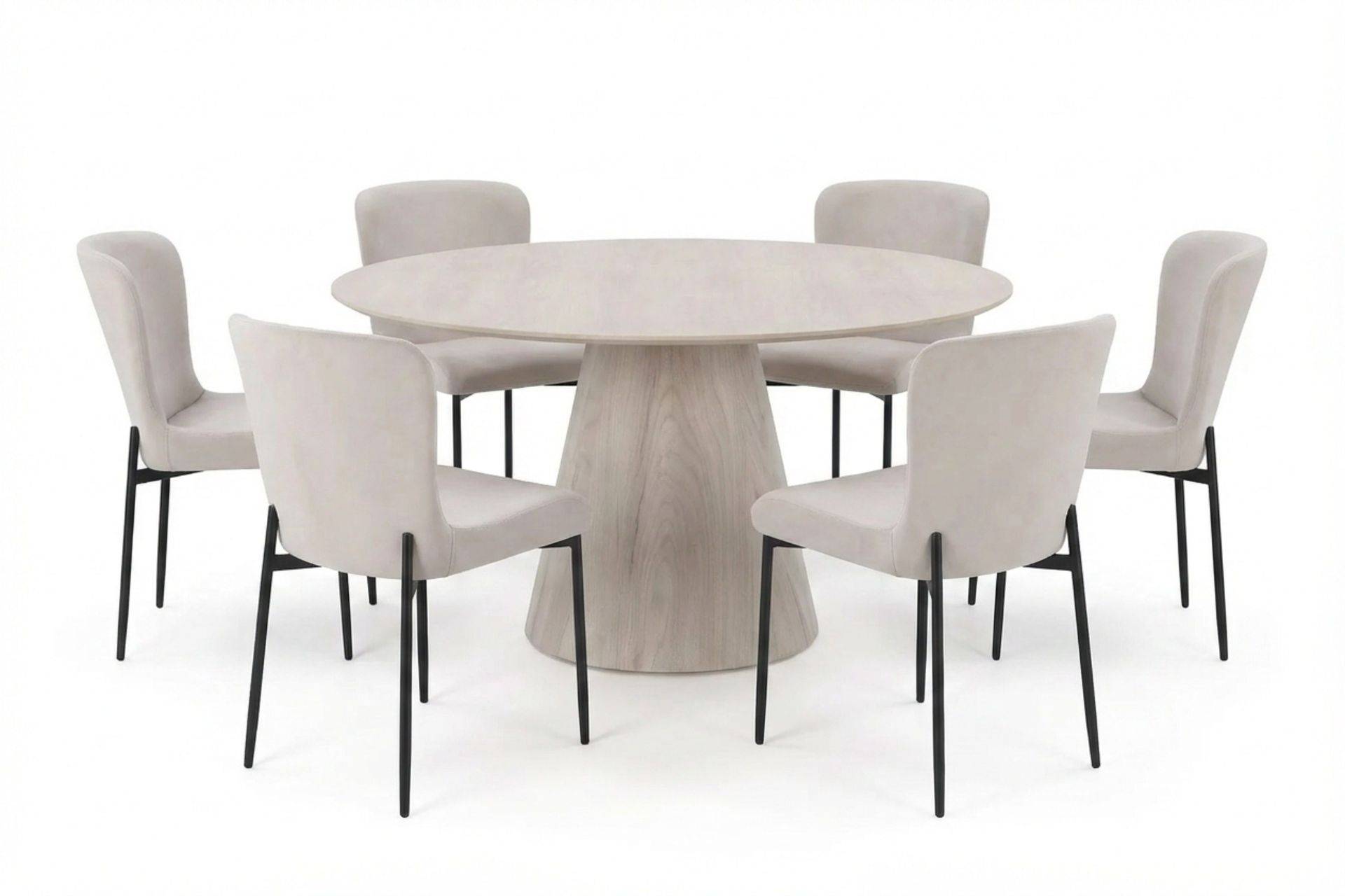 Bark Siena Matgrupp runt 150 cm Vitlaserad med 6 Elsie Matstolar - Vitlaserad/Beige Matgrupper Vit Träfanér