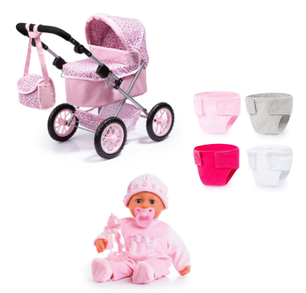 Bayer – Dukke First Words Baby Soft Pink 38 cm + Blesæt Fire Dele + Dukkevogn Trendy - Fri fragt og klar til levering - Prismatch