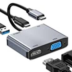 ABLEWE USB C till HDMI VGA-adapter, 4K@30Hz 4-i-1 USB-C-multiport-adapter Thunderbolt 3 till HDMI VGA, PD-laddningsport, USB 3.0-port (MacBook/MacBook Pro/Air, Chromebook Pixel, Dell XPS13)