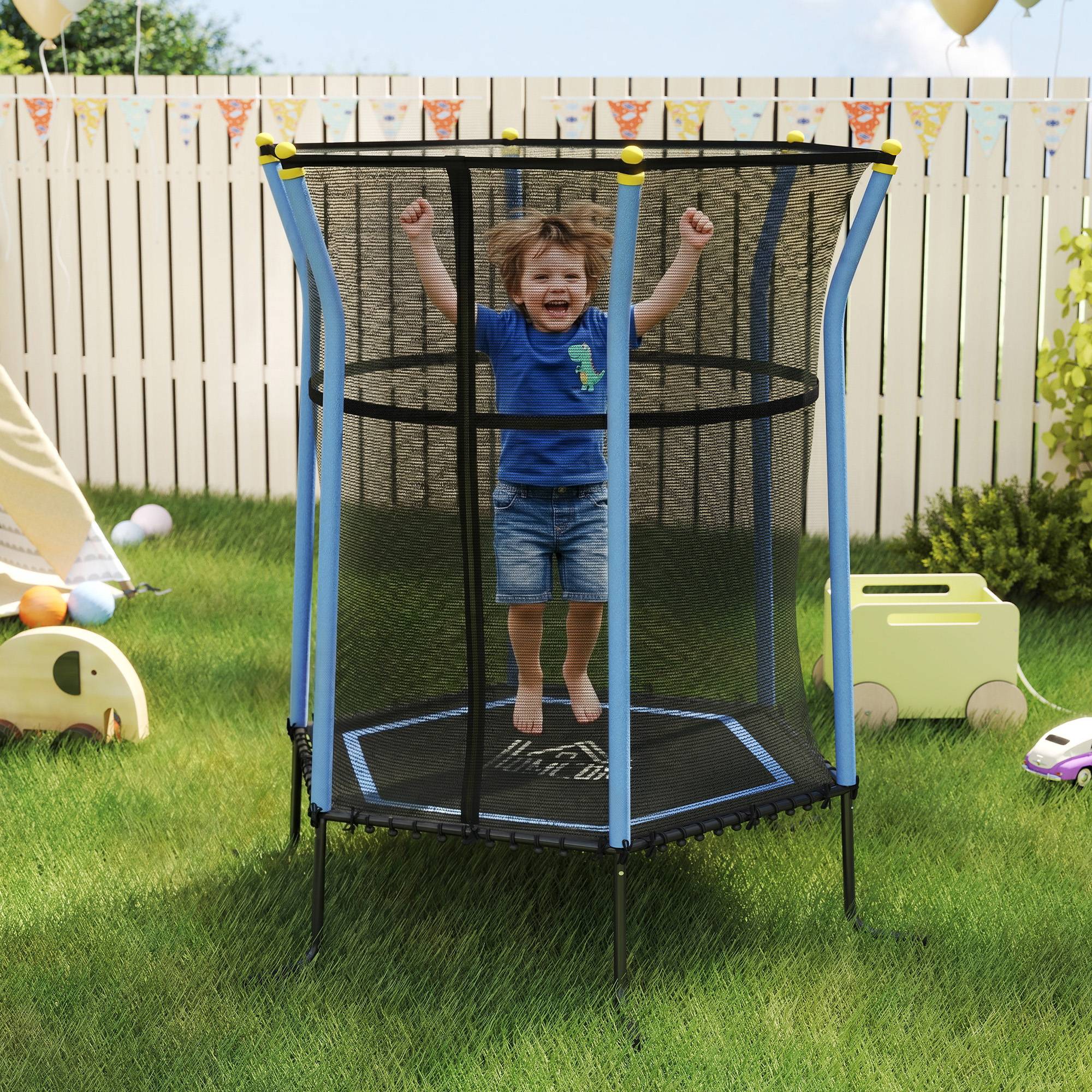 Børnetrampolin Ø163,5 cm, indendørs trampolin med sikkerhedsnet, kantbetræk, gummireb, børnetrampolin op til 50 kg, til børn 3-10 år, blå.