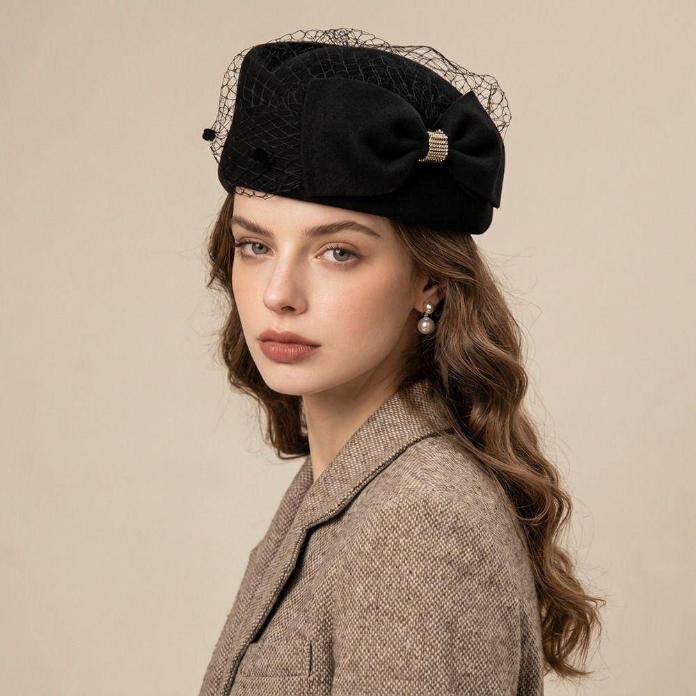 Fedora Nättopphatt Elegant Ullbask Keps i Vintage Medicinlåda Bröllopsfest rosa röd färg