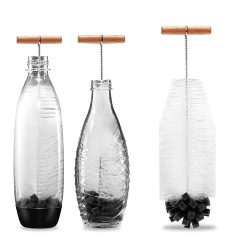 35 cm flaskborste för sodastream glasflaska, envis smuts lossar utan repor, perfekt för 1 l glasflaskor, duo, husdjur mer (med borst och svamp för kraftfull rengöring)