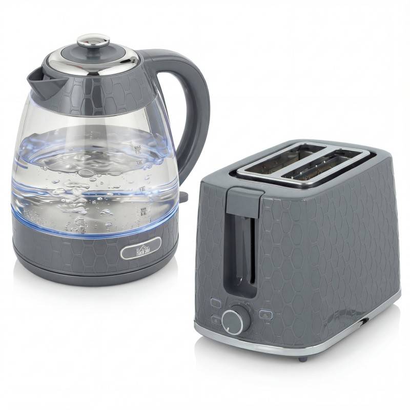 HOMCOM Kedel og Brødrister Sæt, 1.7L 3000W Hurtig Kedel med Kalkfilter, 2 Skive Brødrister med 7 Bruningsniveauer, Grå