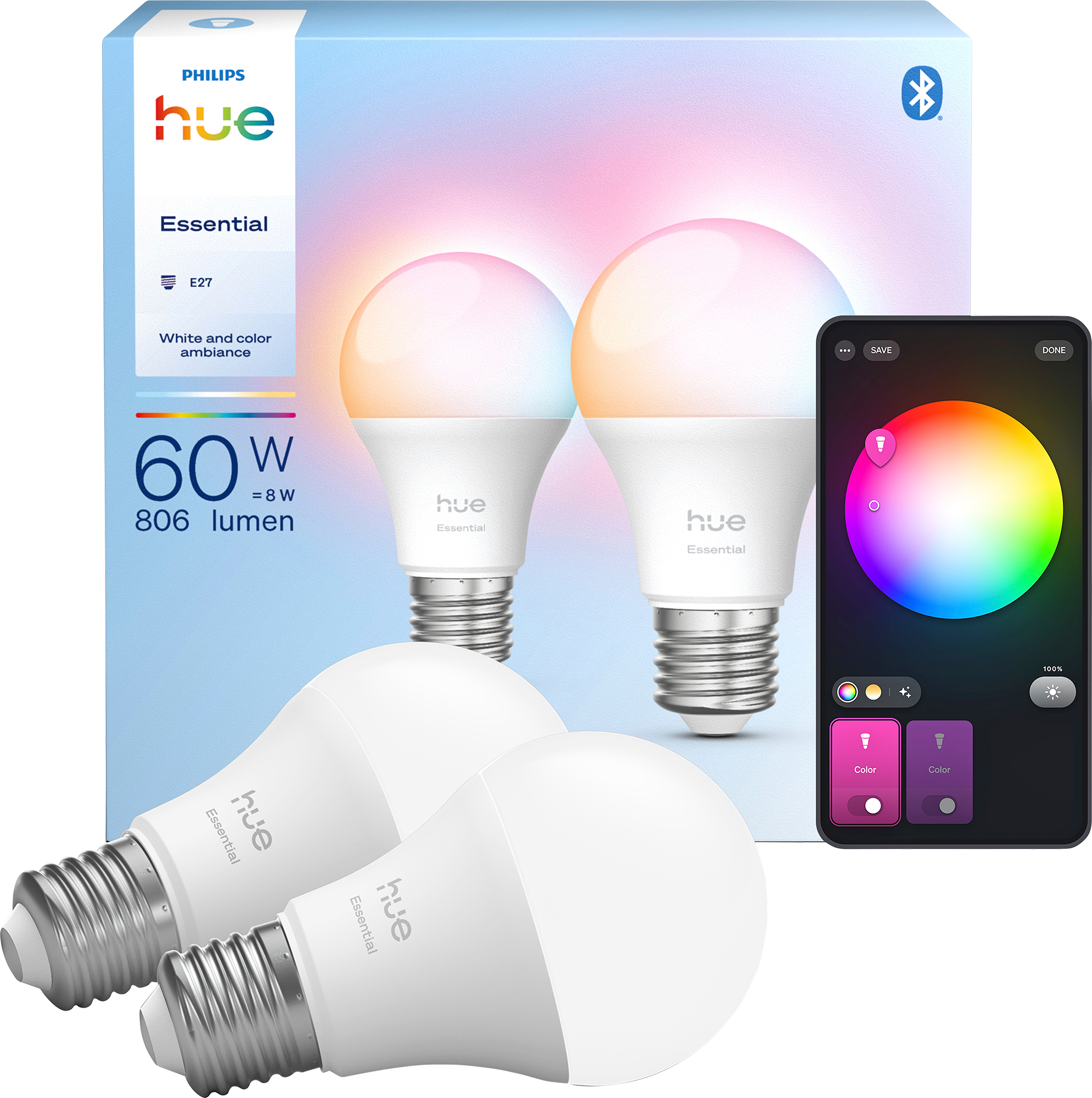 Philips hue b wca hvid 806 lumen 60w e27 eu 2-pak