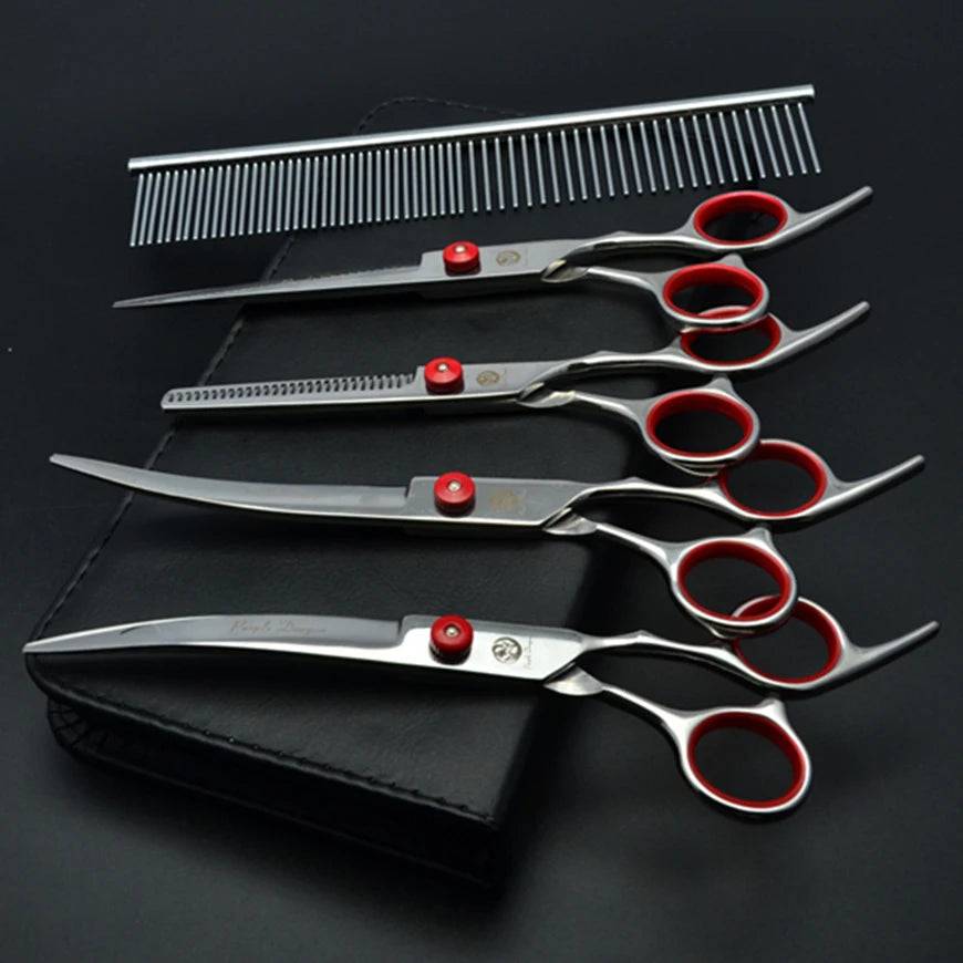 Professional Dog Grooming Scissors Set - 6" & 7" Stainless Steel - Z3001-Hong-5P-7Y / 7 inch (7 inch)