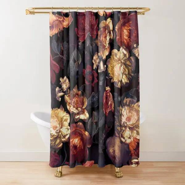 Blommig Duschdraperi Mörkrosa Svart Röd Gröna Löv Färgglad Blomma Fjäril Gotiska Badrumsgardiner Vintage Badrumsinredning