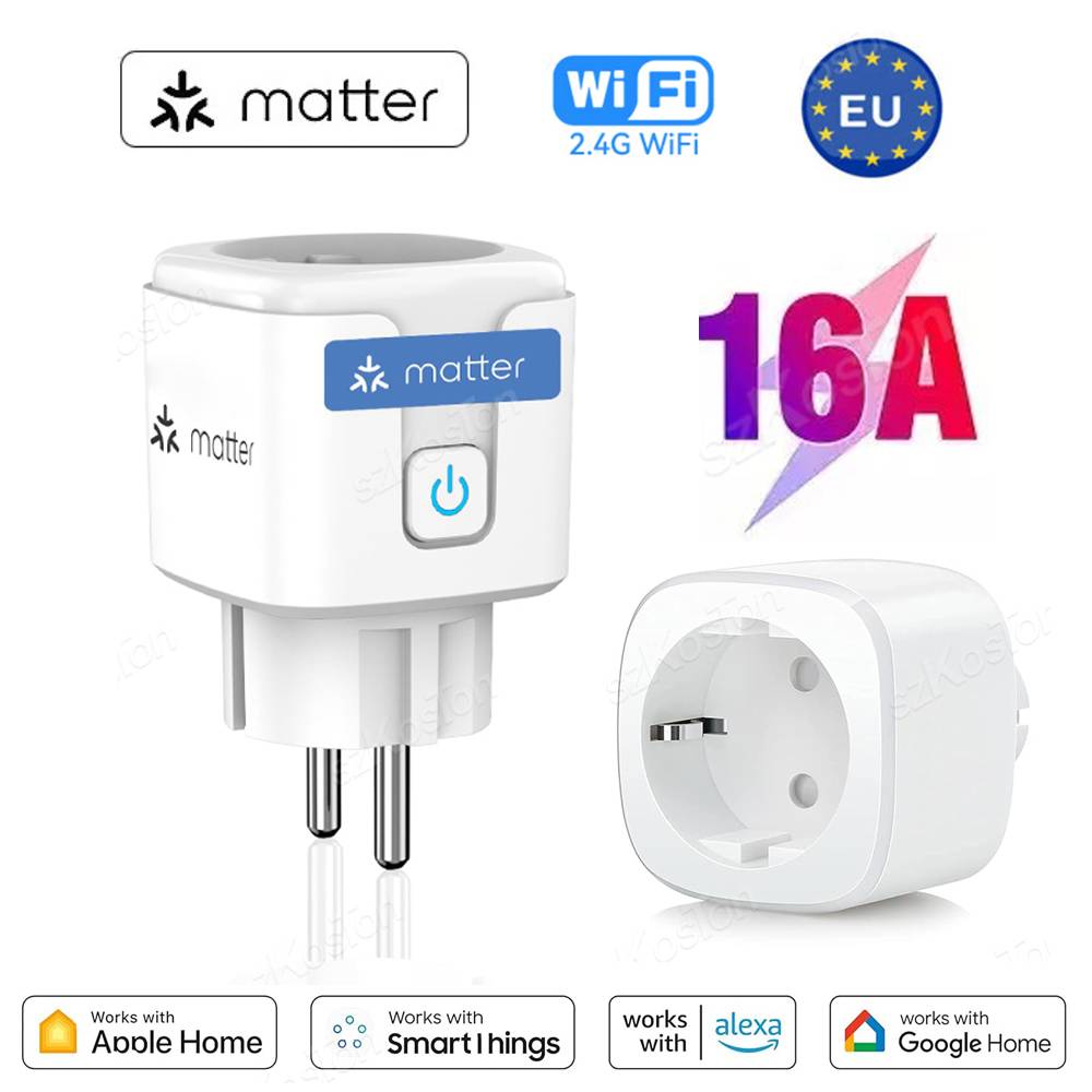 16A Matter EU WiFi Smart Socket Home Appliance Mini Smart Plug Adapter APP Control Timer Works with HomeKit Siri Alexa Google