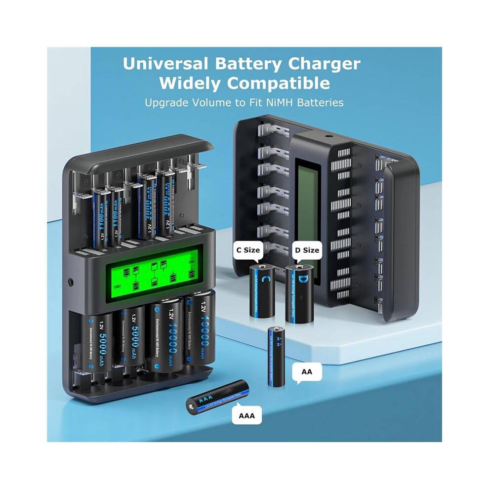 New 16-Bay LCD Universal Battery Charger, Compatible with 1.2V AA, AAA, CD, and Ni-CD Rechargeable Batteries