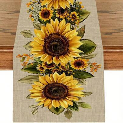 1 st. bordslöpare i lantlig stil med solrosmönster - beige bas med vibrerande gult blommönster, polyestertyg, lämplig för matbord, soffbord och heminr (33*160,33*183,33*200,33*90,33*120)