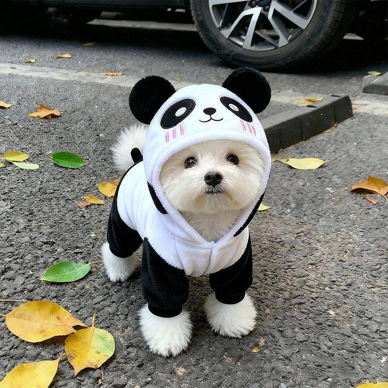 Hund vinterrock Panda-kostym Varm Fyrbent Outfit Teddy Bichon Kattkläder Fällfri Förtjockad Hundkostym