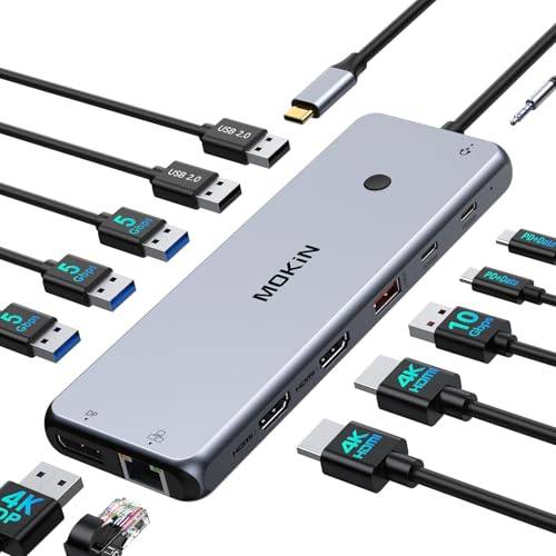 USB C dockningsstation dubbel skärm 13-i-1 trippeldisplaydocka, bärbar dator dockningsstation med 2 HDMI, DP, multiportadapter med 100 W PD, 6 USB-portar, Ethernet, ljud, USB C-dongel för