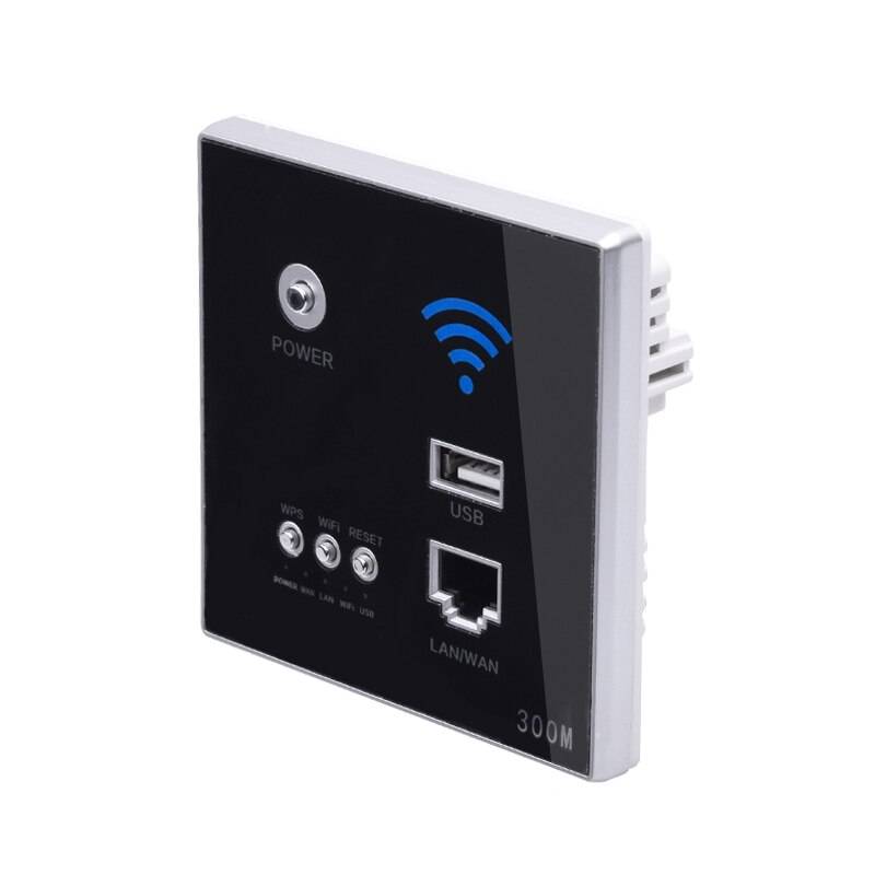 300 mbps väggrouter 110v/220v kraft ap relä smart trådlös wifi repeater extender vägg inbäddad 2.4 ghz router panel usb-uttag - Svart