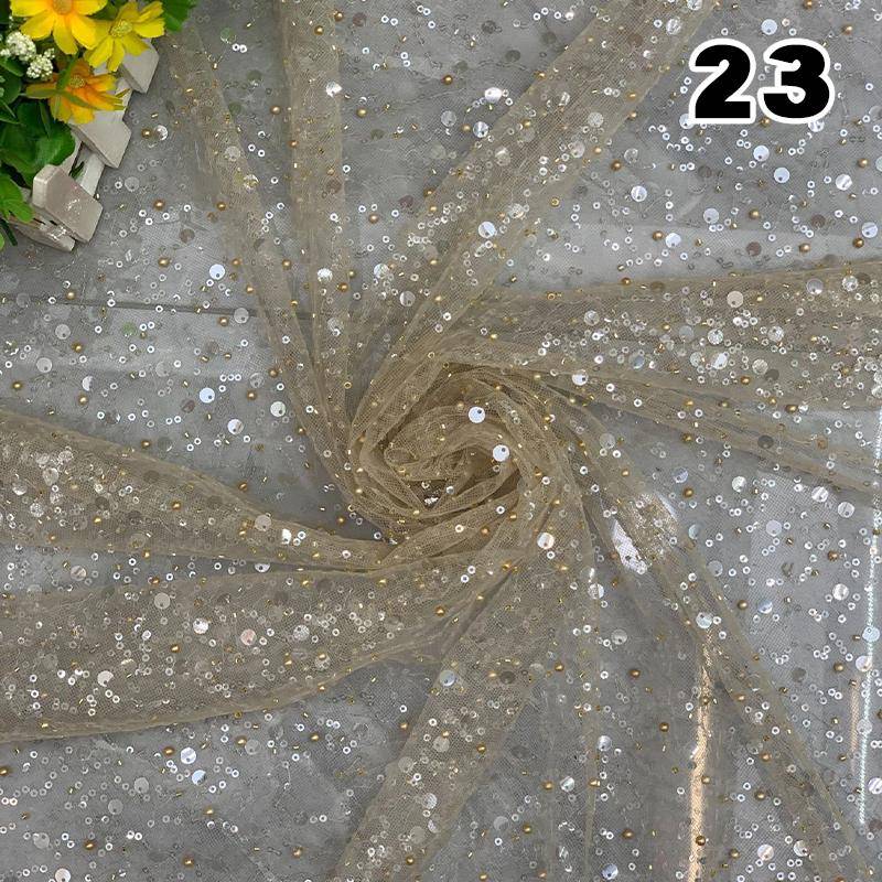 1 Yard Lyxig Afrikansk Tung Pärlspets Paljetter Tyg För DIY Sömnad Bröllopsfest Klänning Glittrigt Transparent Tyllspets Tyg