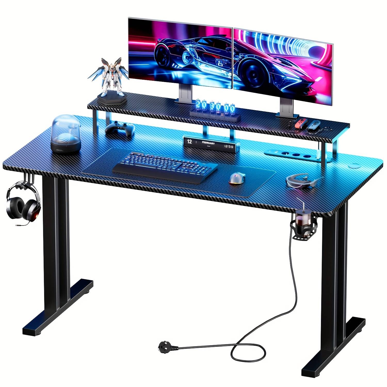 Furnishia Gaming Table With Led Lights & Monitor Stand, Office Desk With Cup Holder & Headphone Hook, Computer Desk For Home, Writing Workstation, Black