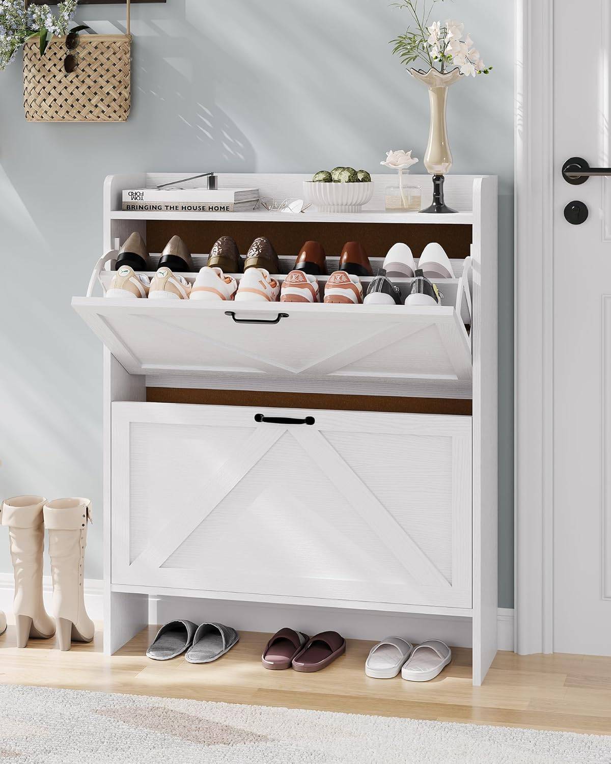 Narrow Flip-Down Shoe Storage Cabinet, Slim Entryway Organizer with 2 Drawers, Natural Wood Finish, Space-Saving Furniture for Hallway & Foyer