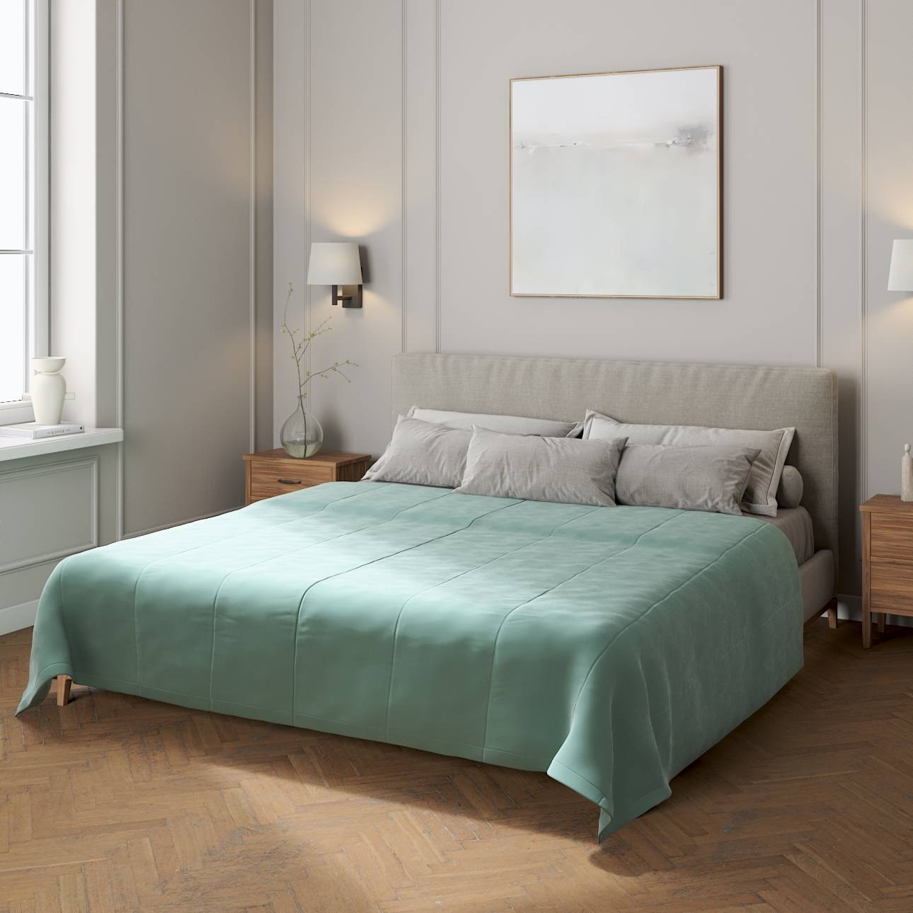 Överkast kviltat i ränder i velour, Ljus turkos, Velvet