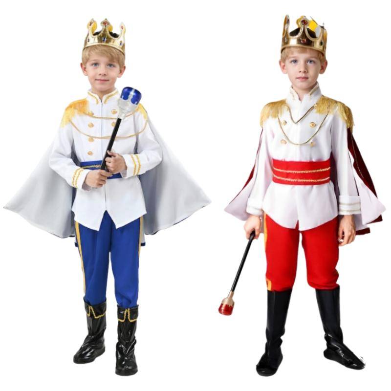 Medeltida Kung Prins Röd Blå 7-delat Kostymset Med Krona Spira Mantel För Kunglig Halloweenfest Maskerad Uppträdande cm