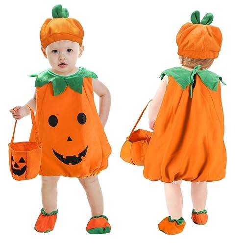Pumpkin kostym för barn, halloween kostym barn, pumpa kostym med hatt och påse för pumpa och skoskydd, barn halloween karneval fest kostym för barn 90–95 cm hög