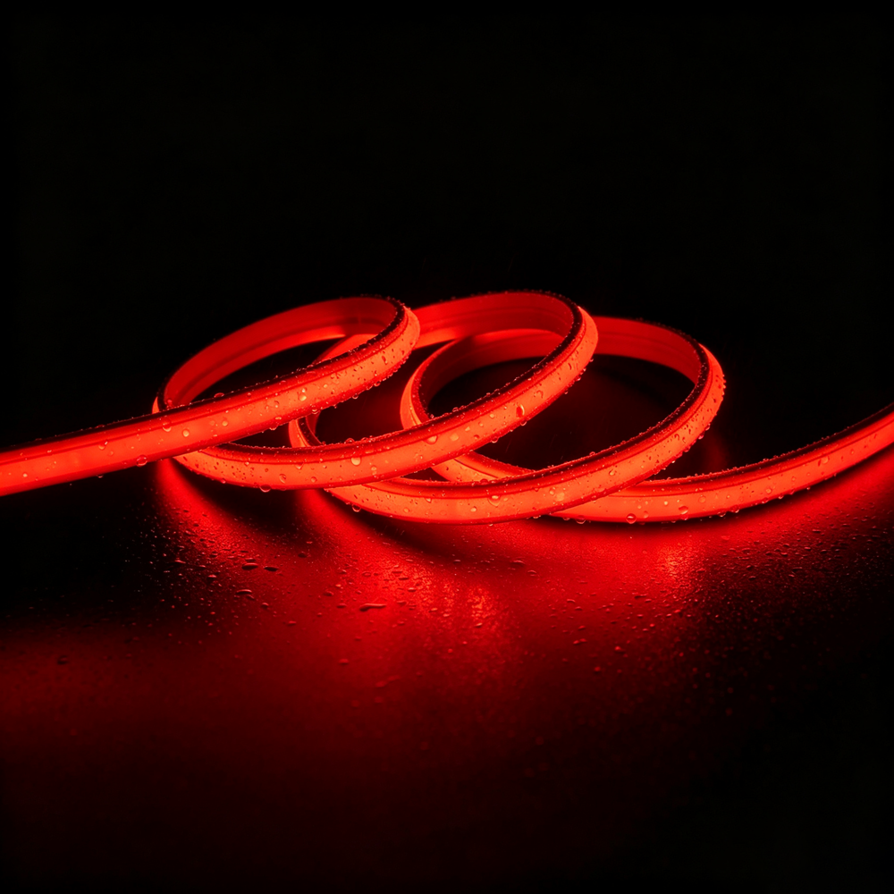 5m 9W/m Röd Slim COB strip - 230V, IP67 vattentät, 296 LED, kan klippas var 10:e cm - Förpackning : 20m inkl. stickkontakt
