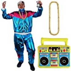 Skal-kostym utklädningskläder 80 S/90 S hylldräkt chAV outfit + GHETTOBLASTER + guldkedja. INKL: BLÅ SKINNANDE JACKA MED JACKA + BYXOR TRACKSUIT + 80-tals BOOMBOX + PLAST GULDKEDJa. Storlek: XXLarge