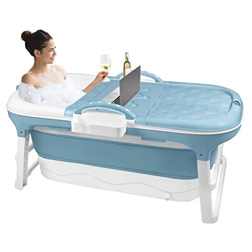 UISEBRT Hopfällbart badkar vuxen L, hopfällbart badkar 118 x 62 x 53 cm, bärbart hopfällbart badkar med avtagbart lock, idé för litet badrum, blått