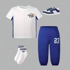 2-delat set för babypojkar, stickad och bekväm kortärmad t-shirt med rund hals och trendigt fotbolls- och bokstavstryck, i kombination med avslappnade - Vitt (6-9M,9-12M,12-18M,18-24M,2-3Y)
