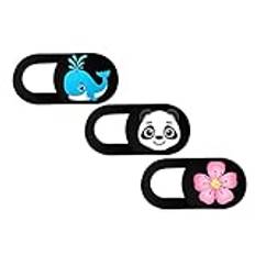 idemonkeys Webbkameraskydd 3-pack med emoji-design. 0,8 mm supertunt kameraskydd, glidande kameraskydd för bärbara datorer, surfplattor, mobiltelefoner, Notebook (panda, val, blomma)