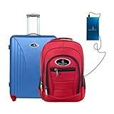 (Cabin resväska + ryggsäcksväska + Powerbank) Vivien Kondor resa smart bagage ABS hårt skal vagn med TSA-lås, Blå powerbank, Blue Cabin Suitcase, Röd ryggsäck väska