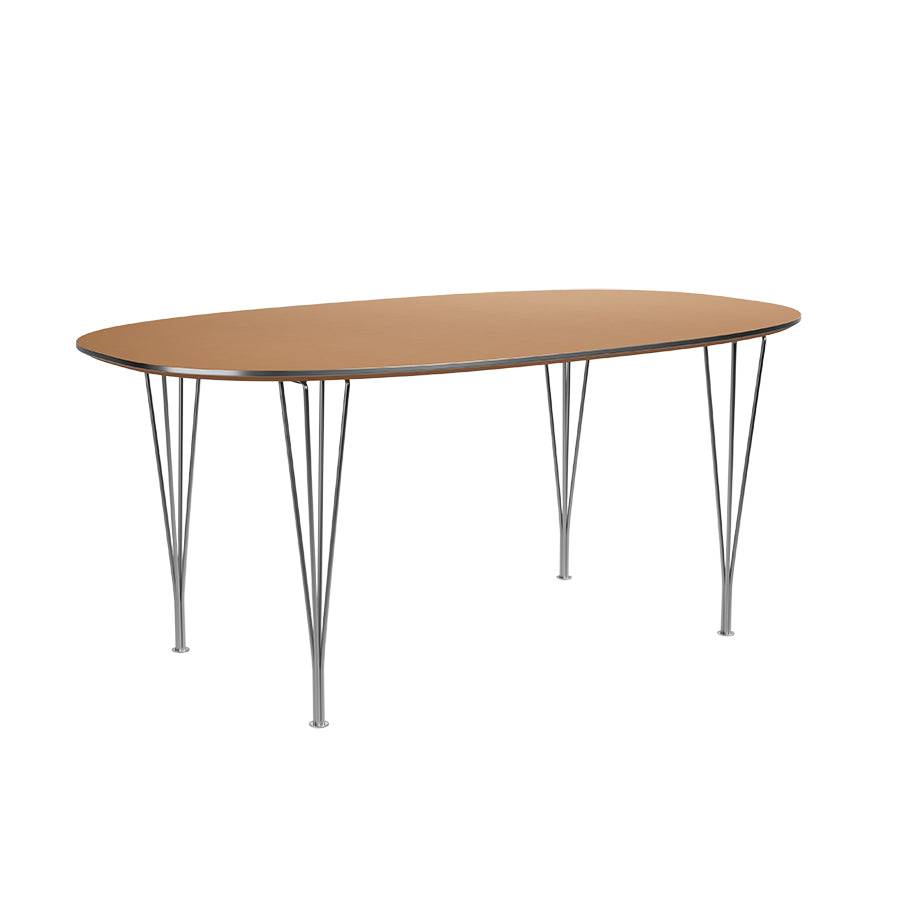 Piet Hein B616 Superellipse spisebord, 170 x 100 cm fra Fritz Hansen Light Amber laminat m. alukant - Krom stel - Jacobsen Plus