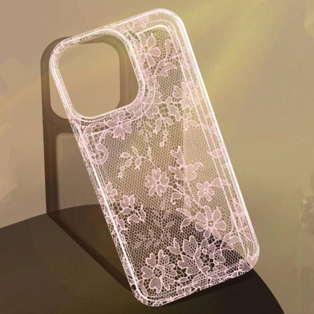 Fransk Mjuk Rosa Spets Genomskinligt Stötsäkert Telefonfodral för iPhone 17 17Air 16 15 14 13 12 11 Pro Max white