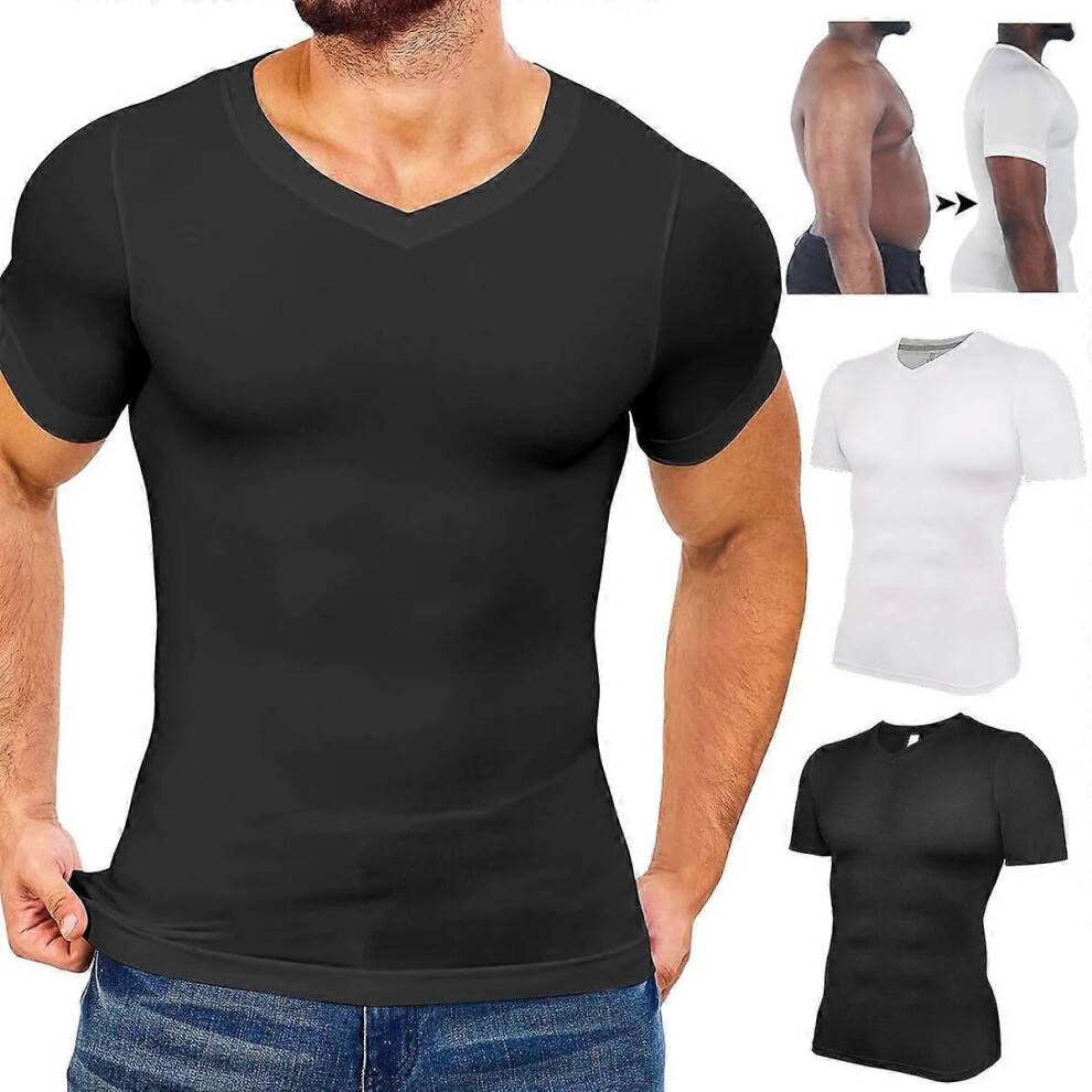 (L) Men's Compression Shirts V-Neck Workout Abs Abdomen Tummy Control Body Shaper