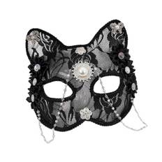 Asudaro Kattmask av spets med pärltofs, katt med strass, djuransiktsskydd för kvinnor, jul, maskerad, cosplay, fest, kostym, rekvisita