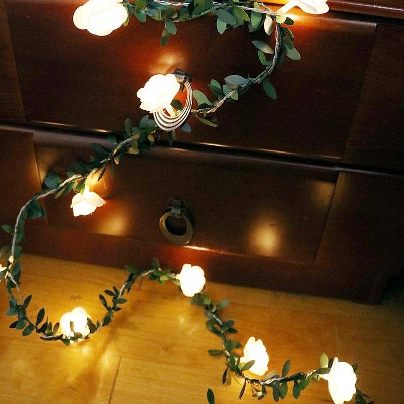 1.5m 3m 6m ros blomma vinstockar led strängljus batteri/usb driven grön blad krans lampa för alla hjärtans dag bröllop jul - 3m 20 lysdioder / Usb-driven