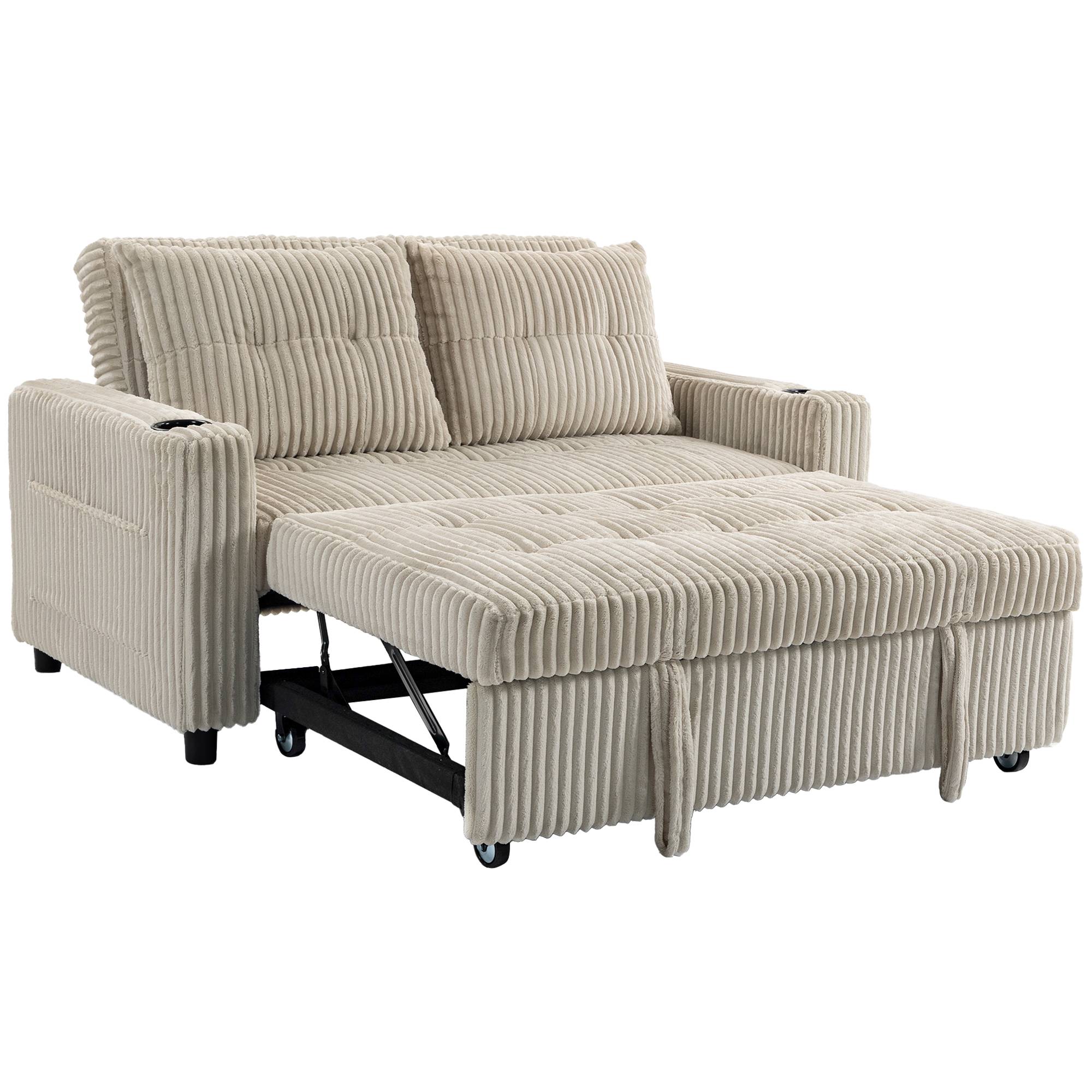 HOMCOM Corduroy Click Clack Sleeper Sofa with Pull Out Design, 2 Seater Sofa Bed, Cream White