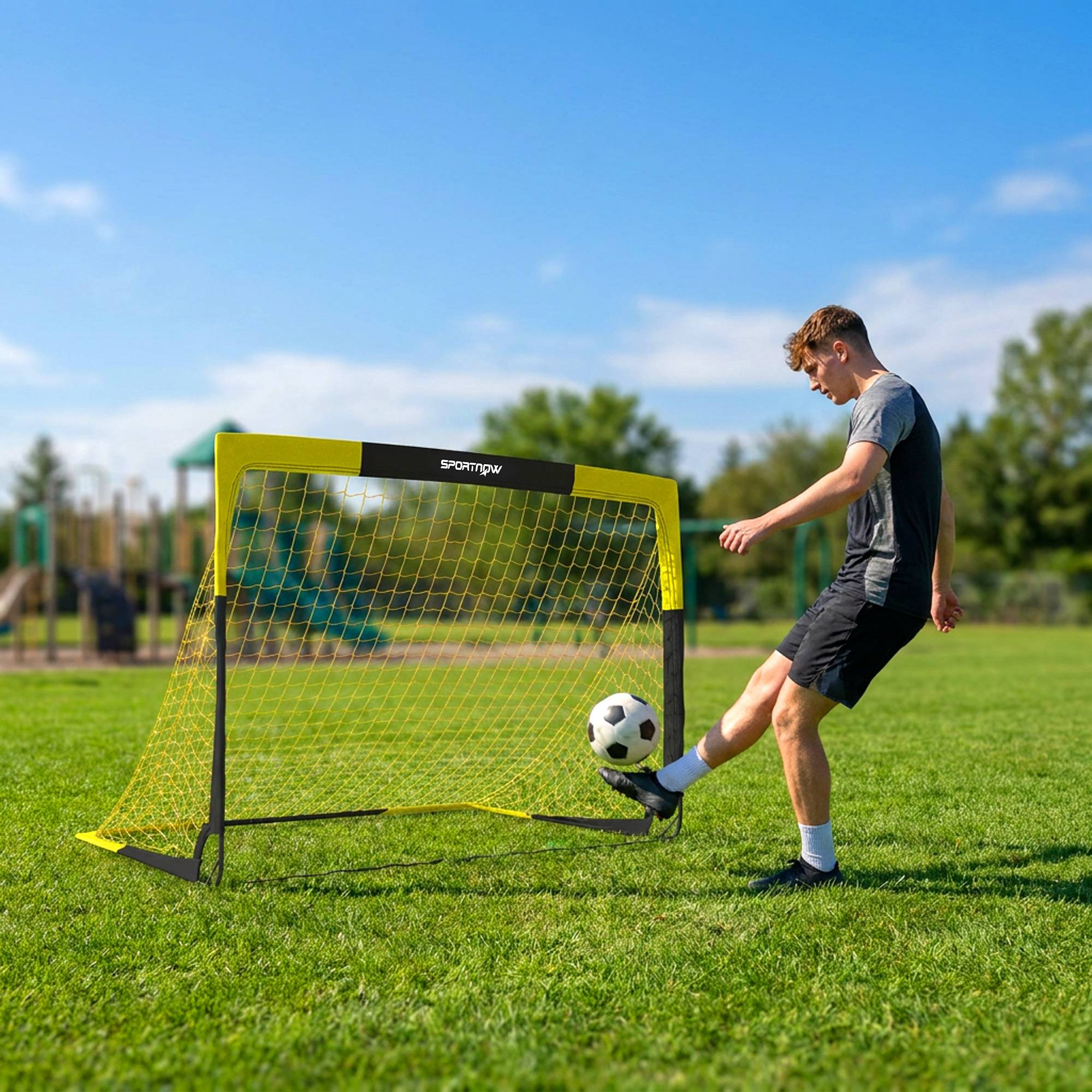 Pop-up fodboldmål til haven, teenagere og voksne, bærbart udendørsmål med slidstærkt målnet og glasfiberstænger.