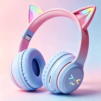 Söta trådlösa Bluetooth-hörlurar med kattöron, med LED-lampor, vikbara och justerbara hörselkåpor, bekväm over-ear-design, lämplig för tjejer, kompati - Multifärgad (svart,rosa,Purpur,blå,grön,utlänning)