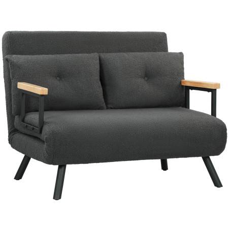 2-Sits Bäddsoffa med 5-Läges Ryggstöd och 2 Kuddar – Mörkgrå Fleece