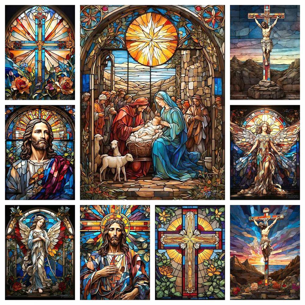 Jesus Kristus Glasmålning Konst Gör-det-själv 5D Diamantmålning Religiös Heliga Korset och Jungfru Maria Mosaik Korsstygn Gåva Heminredning