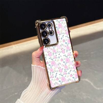 1 st mjukt rosa blommig ultratunn stötsäkert mobilskal med linsskydd och spegelcover, repavvisande linsskyddsdesign, magnetiskt bilfäste, Android-seri - Guld (Multi-size)