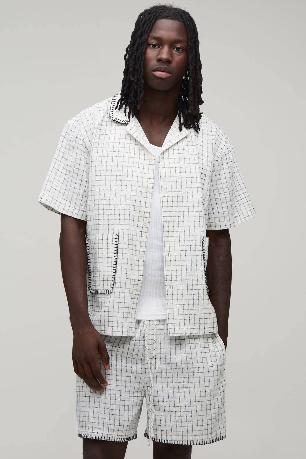 Windowpane Check Blanket Stitch Oversized Short Sleeve Shirt & Baggy Short Set | White | Size XS