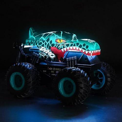 Monstertruck Fjärrstyrd, 2,4 GHz 20 km/h fjärrstyrd bil dinosaurie från 3 4 5 6 8 10 år, 1:20 fjärrstyrd monster truck Dino med 360° rotation, LED-ljus, RC Monster Trucks leksak