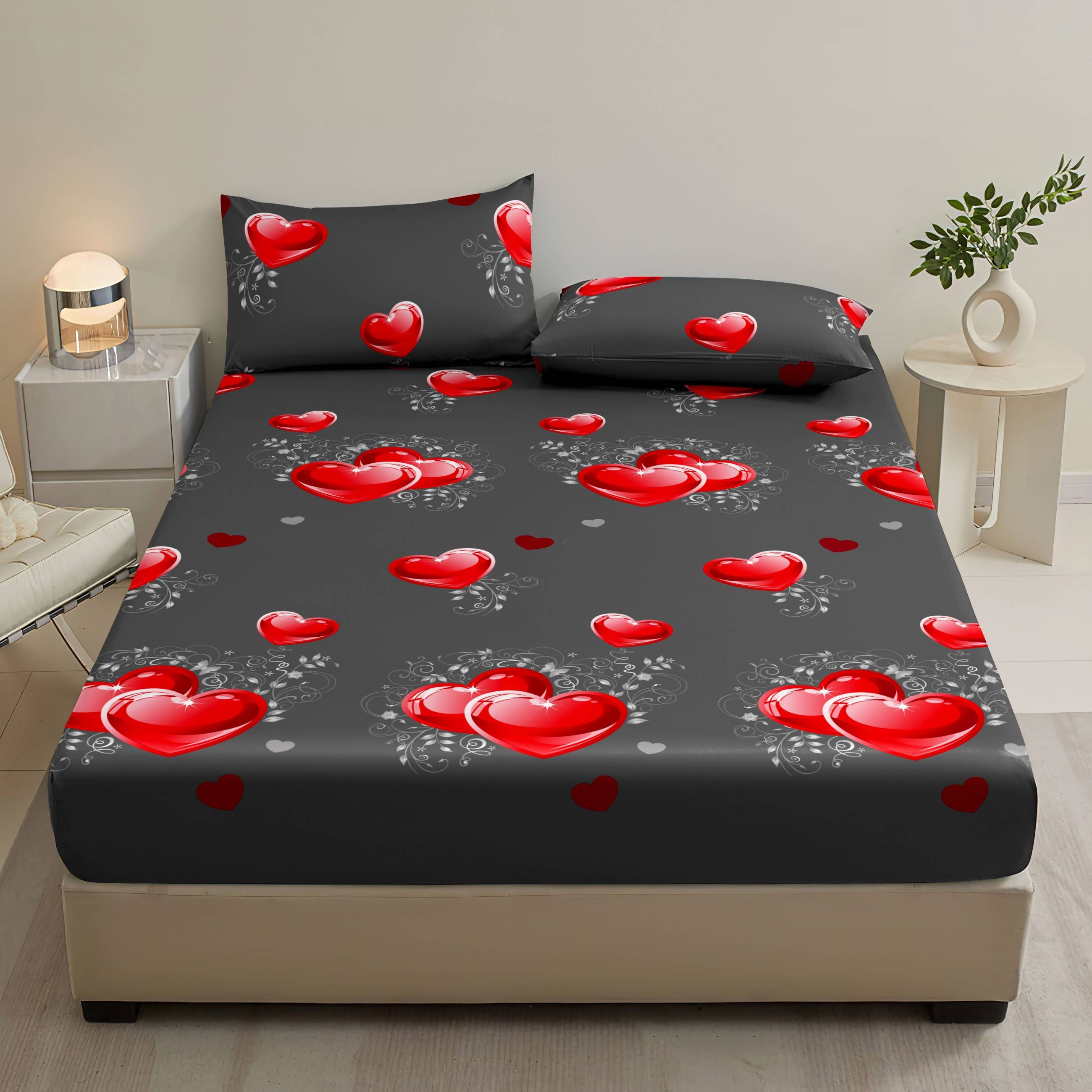 3pcs Fitted Sheet Heart Print Bedding, Printed Soft Comfortable, Suitable For Bedroom And , 1pc Fitted Sheet And 2pcs Pillowcases, Pillow Core Not Included