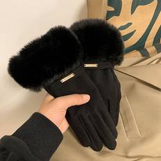 TEMU Elegant Polyester Women's Winter Gloves 1 Pair Set - Full Finger Thermal Lined Gloves With Fur Cuff, Touch Screen Compatible, Windproof Knitted For Casual Outdoor Activities