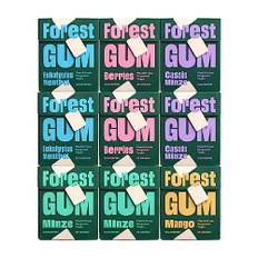 FOREST GUM im Probierset | Plastikfreies Kaugummi mit Minz-, Eukalyptus Menthol-, Beeren-, Cassis Minze- und Mango-Geschmack | Pflanzliche Zutaten | ohne Zucker | Vegan | 9 x 20 g