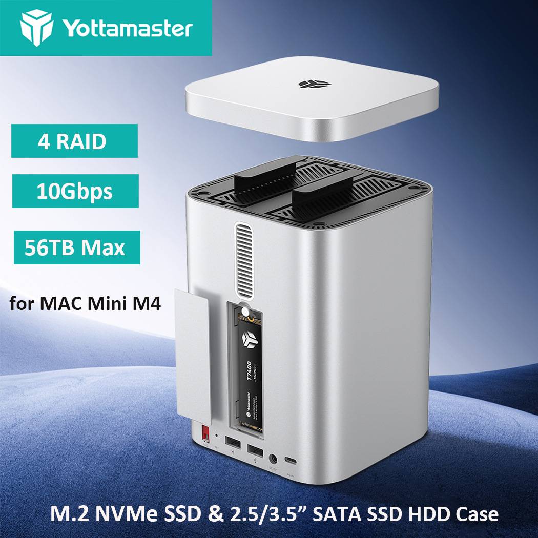 Yottamaster 2 Bay RAID 2.5/3.5 inch HD Enclosure 10Gbps M.2 NVMe SSD Case HDD Docking Station USB Hub for Mac mini M4 Up to 56TB