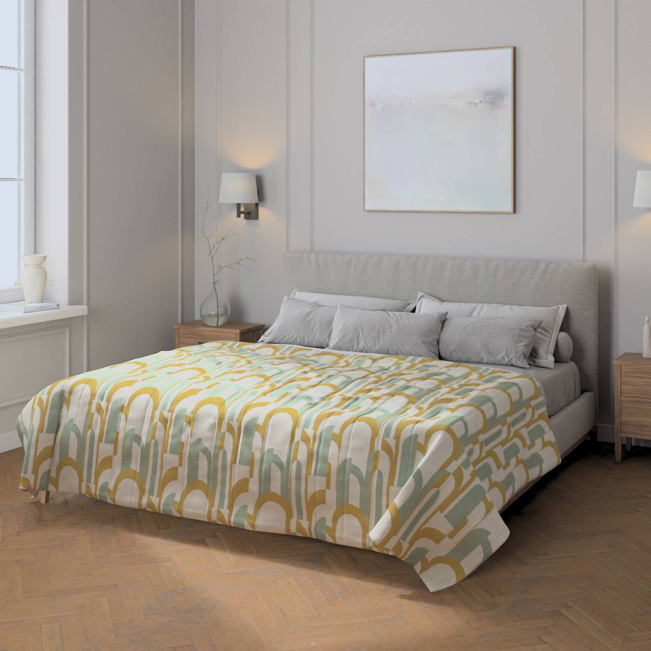 Sengetæppe quiltet<br/>10cm striber, Boucle naturhvid, mintgrøn og karrygul, Cosy Home