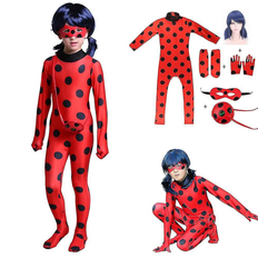 Bimirth Børn Pige Mariehøne Cosplay Sæt Halloween Fest Jumpsuit Kostume med Blindfold, Paryk, Taske