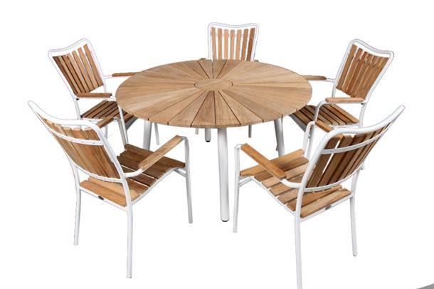 DaneLine Eva havesæt m/5 stole Ø130 cm - Teak - Hvid